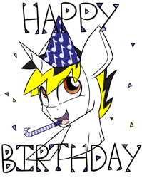 Size: 3098x3890 | Tagged: safe, artist:partylikeanartist, oc, oc only, oc:hoofy, brohoof studios, confetti, happy, happy birthday, hat, looking away, looking up, music notes, open mouth, party hat, party horn, simple background, solo