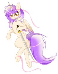 Size: 1024x1313 | Tagged: safe, artist:little-sketches, oc, oc only, oc:melody sunshine, alicorn, pony, alicorn oc, colored pupils, commission, eye clipping through hair, female, katana, looking at you, magic, mare, simple background, smiling, solo, sword, transparent background, weapon, ych result