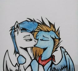 Size: 1920x1748 | Tagged: safe, artist:absentia, oc, oc only, oc:absentia crash, oc:simon crash, pegasus, pony, bandana, kissing, male, scar, straight, traditional art