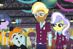 Size: 712x475 | Tagged: safe, screencap, microchips, normal norman, snips, trenderhoof, upper crust, equestria girls, friendship games, background human, clothes, crystal prep academy uniform, disco ball, glasses, school uniform, skunk stripe, streamers