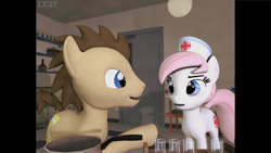 Size: 3840x2160 | Tagged: safe, artist:goatcanon, doctor whooves, nurse redheart, pony, 3d, bbc, bench, bottle, crossover, doctor who, duo, hospital, office, pills, pot, shelf, source filmmaker, test tube, tom baker, toolbox