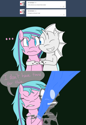 Size: 1280x1850 | Tagged: safe, artist:hummingway, oc, oc only, oc:paradigm, oc:swirly shells, albino changeling, ask-humming-way, dialogue, tumblr, tumblr comic, white changeling