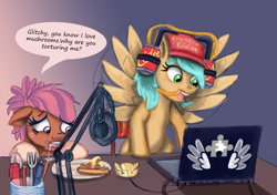 Size: 800x564 | Tagged: safe, artist:mystic2u, oc, oc only, oc:cozy comfort, oc:glitch gamepad, pegasus, pony, computer, drinking hat, food, gaming, hahcon, hat, laptop computer, mascot, mushroom, pizza