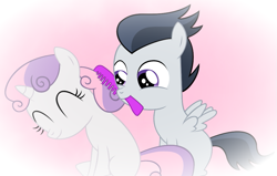 Size: 985x627 | Tagged: safe, artist:meandmyideas, rumble, sweetie belle, comb, cute, male, mouth hold, rumbelle, shipping, straight