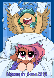 Size: 554x800 | Tagged: safe, artist:crowneprince, artist:mdragonflame, oc, oc only, oc:cozy comfort, oc:glitch gamepad, pony, charity, hahcon, pillow, pillow fort, poster