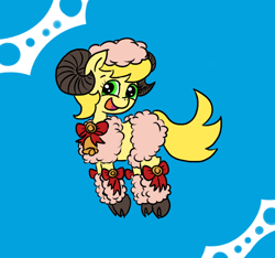 Size: 640x600 | Tagged: safe, artist:ficficponyfic, oc, oc only, oc:golden brisk, pony, sheep, bell, crossdressing, femboy, horns, male, ribbon, solo, trap