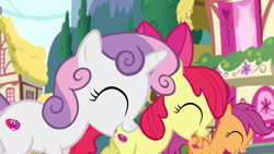 Size: 1920x1080 | Tagged: safe, screencap, apple bloom, scootaloo, sweetie belle, pony, crusaders of the lost mark, cutie mark, cutie mark crusaders, door, eyes closed, female, filly, smiling, the cmc's cutie marks, tree, window