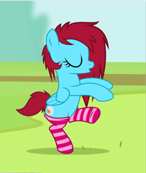 Size: 1880x2230 | Tagged: safe, artist:lobinchi, oc, oc only, oc:autumn moon, pegasus, pony, clothes, eyes closed, female, mare, rearing, socks, solo, striped socks, training