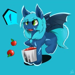 Size: 2048x2048 | Tagged: safe, artist:sao annual whale, oc, oc only, bat pony, pony, apple, exclamation point, fangs, food, simple background, solo