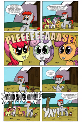 Size: 1024x1536 | Tagged: safe, artist:cartoon-eric, apple bloom, scootaloo, sweetie belle, oc, oc:fritz, oc:gear loose, pony, comic:cmc and gear loose, comic, cutie mark crusaders, puppy dog eyes