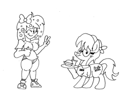 Size: 1280x956 | Tagged: safe, artist:dragonboi471, artist:thedragonmod, oc, oc only, oc:cherry soda, oc:sasha vegas, human, pony, humanized, monochrome, non-mlp oc, ponified