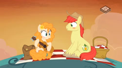 Size: 829x462 | Tagged: safe, screencap, bright mac, pear butter, pony, the perfect pear, blushing, brightbutter, cowboy hat, female, guitar, hat, male, picnic, shipping, stetson, straight