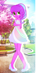 Size: 762x1494 | Tagged: safe, artist:asika-aida, oc, oc only, oc:crescent quill, equestria girls, clothes, commission, crossed arms, cute, dress, equestria girls-ified, female, green eyes, high heels, off shoulder, park, smiling, solo