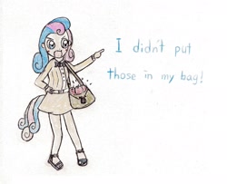 Size: 1952x1584 | Tagged: safe, anonymous artist, bon bon, sweetie drops, human, call of the cutie, apple, blushing, bon bon is not amused, clothes, dialogue, feet, food, humanized, i didn't put those in my bag, open mouth, pointing, sandals, scene interpretation, simple background, skirt, solo, tailed humanization, traditional art, unamused