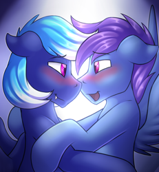 Size: 2154x2332 | Tagged: safe, artist:dripponi, artist:lattynskit, oc, oc only, oc:noxy, oc:windy dripper, pegasus, pony, blushing, gay, looking at each other, male, noxydrip, open mouth, preview, shipping, teaser