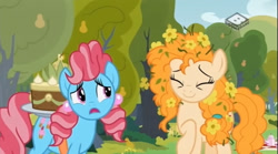 Size: 829x462 | Tagged: safe, screencap, cup cake, pear butter, earth pony, pony, the perfect pear, cake, chiffon swirl, duo, female, flower, flower in hair, food, mare, pear cake, pear tree