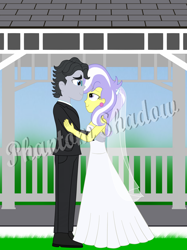 Size: 1280x1707 | Tagged: safe, artist:phantomshadow051, jet set, upper crust, equestria girls, clothes, dress, ear piercing, earring, female, jewelry, male, marriage, piercing, shipping, skunk stripe, straight, upperset, watermark, wedding, wedding dress