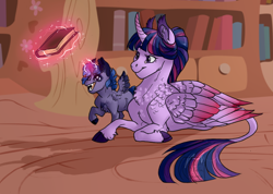 Size: 1024x729 | Tagged: safe, artist:biakela, twilight sparkle, twilight sparkle (alicorn), oc, oc:hex, alicorn, classical unicorn, pony, unicorn, cloven hooves, colored wings, colored wingtips, female, golden oaks library, leonine tail, levitation, magic, magical lesbian spawn, mother and child, mother and daughter, offspring, parent and child, parent:princess luna, parent:twilight sparkle, parents:twiluna, telekinesis, unshorn fetlocks