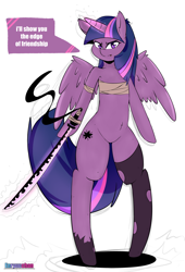 Size: 1280x1877 | Tagged: safe, artist:enryuuchan, twilight sparkle, twilight sparkle (alicorn), alicorn, pony, semi-anthro, angry, belly button, bipedal, clothes, dialogue, katana, looking at you, magic, solo, stockings, sword, weapon