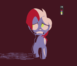 Size: 1125x968 | Tagged: safe, artist:zharkaer, babs seed, earth pony, pony, color palette challenge, floppy ears, gritted teeth, limited palette, raised hoof, red background, scared, simple background, solo, wide eyes