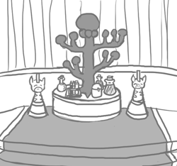 Size: 640x600 | Tagged: safe, artist:ficficponyfic, zebra, beaker, carpet, colt quest, cyoa, flask, idol, monochrome, potion, potions, religion, shrine, story included, temple