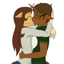 Size: 1024x1024 | Tagged: safe, artist:pabloracer, oc, oc only, oc:barbara, anthro, unicorn, anthro oc, art trade, clothes, eyes closed, female, floppy ears, kissing, male, mare, simple background, stallion, straight, transparent background