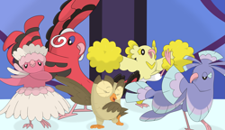 Size: 3519x2030 | Tagged: safe, artist:porygon2z, owlowiscious, crossover, dancing, oricorio, oricorio (baile style), oricorio (pa'u style), oricorio (pom-pom style), oricorio (sensu style), pokémon, pokémon sun and moon, vector