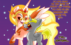 Size: 1130x723 | Tagged: safe, artist:snakeythingy, daybreaker, oc, oc:quentin, alicorn, pony, a royal problem, alicorn wings, blushing, canon x oc, dialogue, dream, female, femdom, imzebrony, looking at each other, mind control, mistress, shading, story included