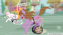 Size: 1880x1052 | Tagged: safe, artist:boastudio, artist:jemvi, scootaloo, oc, oc:gracey, oc:snowshine, pony, adopted offspring, comic, disabled, handicapped, paraplegic mare, parent:adagio dazzle, racing, spanish, wheelchair