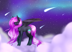 Size: 1024x740 | Tagged: safe, artist:itsizzybel, oc, oc only, oc:cream cloud, pegasus, pony, cloud, eyes closed, female, mare, night, shooting star, solo