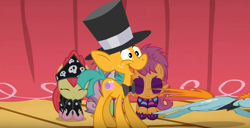 Size: 1062x545 | Tagged: safe, screencap, apple bloom, scootaloo, snails, snips, sweetie belle, pony, unicorn, the show stoppers, bandana, clothes, colt, face paint, great moments in animation, male, show stopper outfits, smear frame