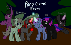 Size: 806x509 | Tagged: safe, artist:cybermagus, oc, oc only, earth pony, pony, unicorn, game, group, magic