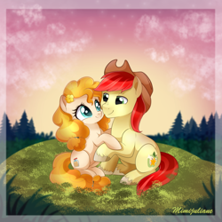 Size: 900x900 | Tagged: safe, artist:mimijuliane, bright mac, pear butter, earth pony, pony, the perfect pear, brightbutter, eye contact, female, holding, holding each other, looking at each other, male, mare, outdoors, shipping, sitting, smiling, stallion, straight