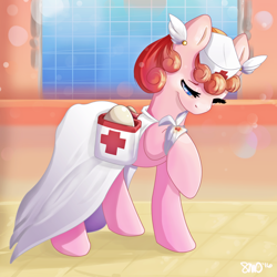 Size: 3000x3000 | Tagged: safe, artist:bean-sprouts, bandage, blissey, blood, cute, egg, hat, nurse, nurse hat, pokémon, ponified, raised hoof, saddle bag, solo