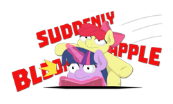 Size: 2211x1337 | Tagged: safe, artist:ljdamz1119, apple bloom, twilight sparkle, pony, book, captions, simple background, transparent background