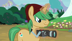 Size: 1920x1090 | Tagged: safe, screencap, snapshot, pony, unicorn, forever filly, beanie, camera, facial hair, glowing horn, hat, magic, male, solo, stallion