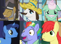 Size: 1240x908 | Tagged: safe, bow hothoof, bright mac, gentle breeze, hondo flanks, igneous rock pie, night light, earth pony, pegasus, pony, unicorn, flutter brutter, parental glideance, the perfect pear, dad six, eyes closed, male, smiling