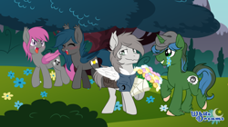 Size: 5000x2807 | Tagged: safe, artist:xwhitedreamsx, oc, oc only, oc:fruitful melody, oc:nuke, oc:rc, oc:speck, bat pony, pegasus, pony, unicorn, absurd resolution, female, flower, frc, husband and wife, male, mare, married couple, married couples doing married things, saddle bag, speke, stallion