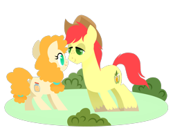 Size: 2020x1520 | Tagged: safe, artist:chroniqlo, bright mac, pear butter, pony, the perfect pear, applejack's parents, brightbutter, chibi, cute, eye contact, female, lineless, looking at each other, male, pearabetes, shipping, simple background, straight, transparent background