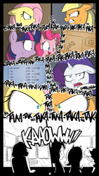 Size: 1031x1827 | Tagged: safe, artist:shoutingisfun, derpibooru import, applejack, fluttershy, pinkie pie, rarity, twilight sparkle, twilight sparkle (alicorn), alicorn, earth pony, pegasus, pony, unicorn, assembly language, comic, computer, darling, dialogue, faceoff, hacking, intense, onomatopoeia, speech bubble, tetris, typing