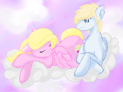 Size: 1600x1200 | Tagged: safe, artist:nubbybunns, oc, oc only, oc:luminus, oc:vanilla berry, pony, cloud, cloudy