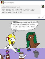 Size: 1133x1465 | Tagged: safe, artist:ask-luciavampire, oc, oc only, alicorn, pony, vampire, vampony, alicorn oc, ask, coffee, tumblr, tumblr:ask-luciavampire