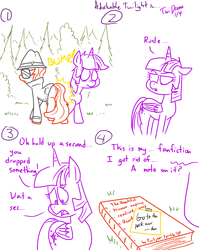 Size: 1280x1611 | Tagged: safe, artist:adorkabletwilightandfriends, twilight sparkle, twilight sparkle (alicorn), oc, oc:autumn summer, alicorn, pony, comic:adorkable twilight and friends, adorkable twilight, book, clothes, comic, fanfic, fedora, hat, lineart, plot, slice of life, trenchcoat