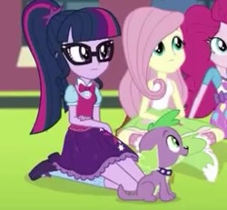 Size: 256x237 | Tagged: safe, screencap, fluttershy, pinkie pie, sci-twi, spike, spike the regular dog, twilight sparkle, dog, dance magic, equestria girls, spoiler:eqg specials, canterlot high, clothes, cropped, glasses, ponytail, shoes, skirt, socks