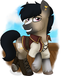 Size: 640x800 | Tagged: safe, artist:tambelon, oc, oc only, oc:shoal, earth pony, pony, clothes, ear piercing, earring, jewelry, male, piercing, scar, simple background, solo, stallion, transparent background, unshorn fetlocks, watermark