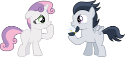 Size: 6509x3000 | Tagged: safe, artist:meandmyideas, artist:stjonal, rumble, sweetie belle, pony, absurd resolution, female, male, marriage proposal, ring, rumbelle, shipping, simple background, straight, surprised, transparent background, vector