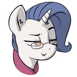 Size: 512x512 | Tagged: safe, artist:dimfann, derpibooru exclusive, oc, oc only, oc:yodi, pony, unicorn, :3, clothes, ear fluff, glasses, head, lidded eyes, male, not rarity, raised eyebrow, scarf, simple background, smiling, solo, stallion, transparent background, wavy mouth