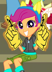 Size: 294x409 | Tagged: safe, screencap, scootaloo, equestria girls, friendship games, cropped, cute, cutealoo, foam finger, pony ears, smiling