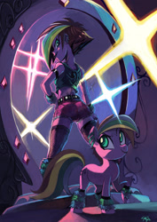 Size: 2480x3508 | Tagged: safe, artist:paradoxbroken, oc, oc only, oc:onyxia melody, earth pony, pony, equestria girls, clothes, duo, ear piercing, equestria girls-ified, fishnet stockings, human ponidox, looking back, magic mirror, mirror, piercing, rainbow hair, rear view, self ponidox, shorts, smiling