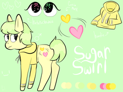 Size: 4000x3000 | Tagged: safe, artist:php29, derpibooru exclusive, oc, oc only, oc:sugarswirl, clothes, cutie mark, green background, heterochromia, hoodie, reference sheet, simple background, solo